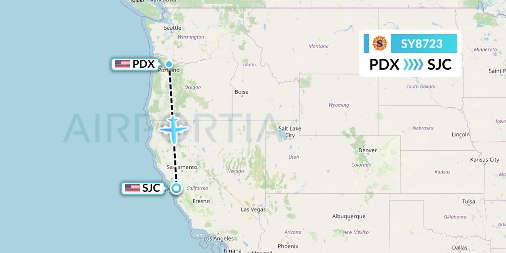 SY8723 Sun Country Airlines Flight Map: Portland to San Jose
