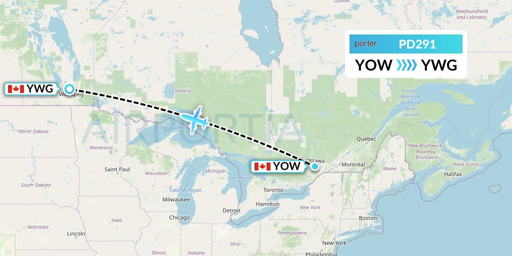 PD291 Porter Airlines Flight Map: Ottawa to Winnipeg