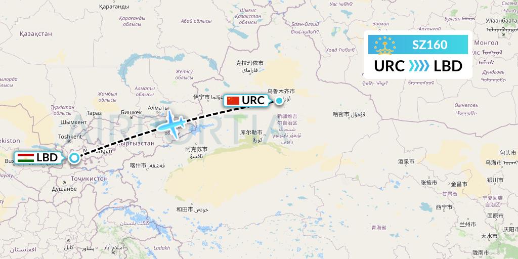 SZ160 Somon Air Flight Map: Urumqi to Khudzhand
