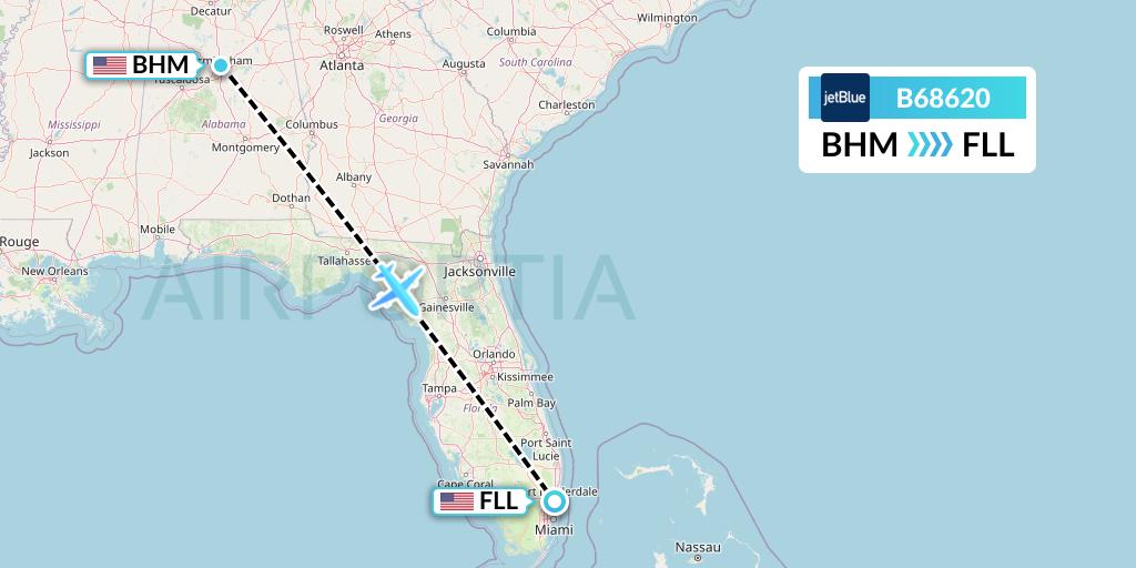 B68620 JetBlue Airways Flight Map: Birmingham to Fort Lauderdale