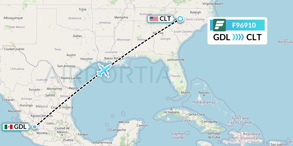 F96910 Frontier Airlines Flight Map: Guadalajara to Charlotte