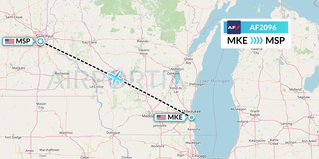 AF2096 Air France Flight Map: Milwaukee to Minneapolis