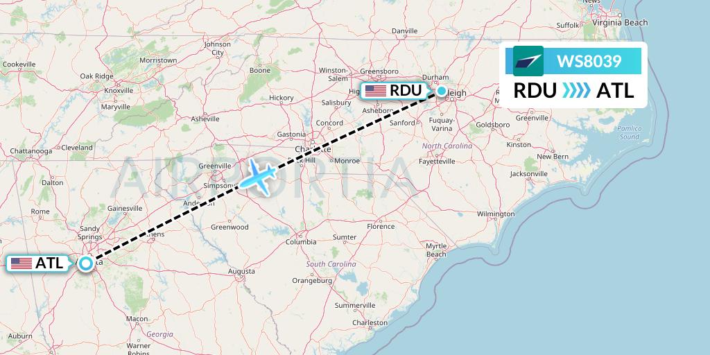 WS8039 WestJet Flight Map: Raleigh-Durham to Atlanta