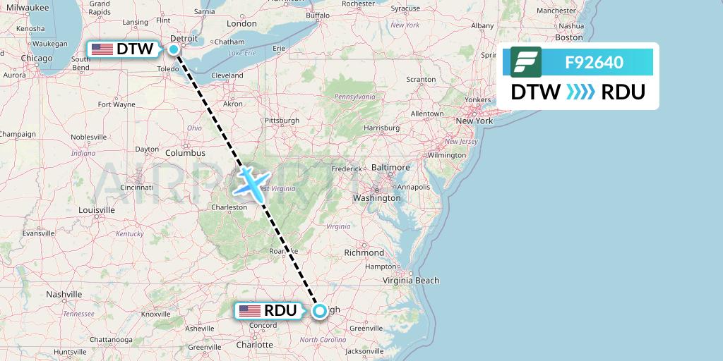 F92640 Frontier Airlines Flight Map: Detroit to Raleigh-Durham