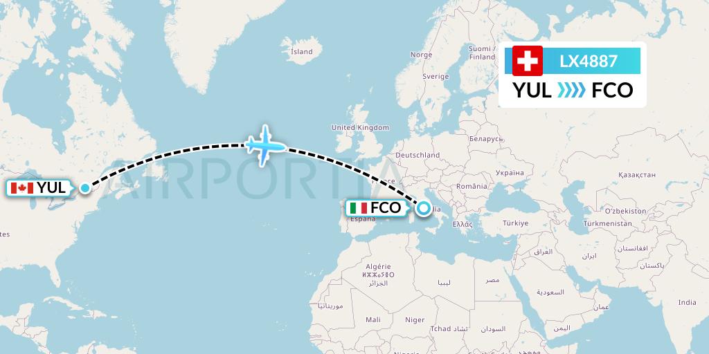 LX4887 Swiss Flight Map: Montreal to Rome