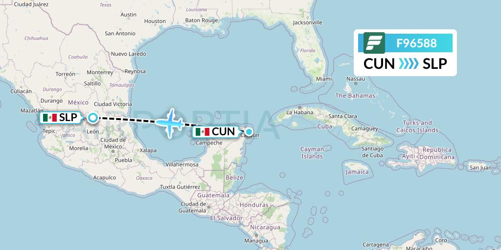 F96588 Frontier Airlines Flight Map: Cancun to San Luis Potosi