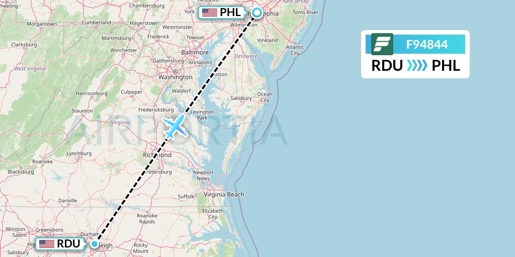 F94844 Frontier Airlines Flight Map: Raleigh-Durham to Philadelphia