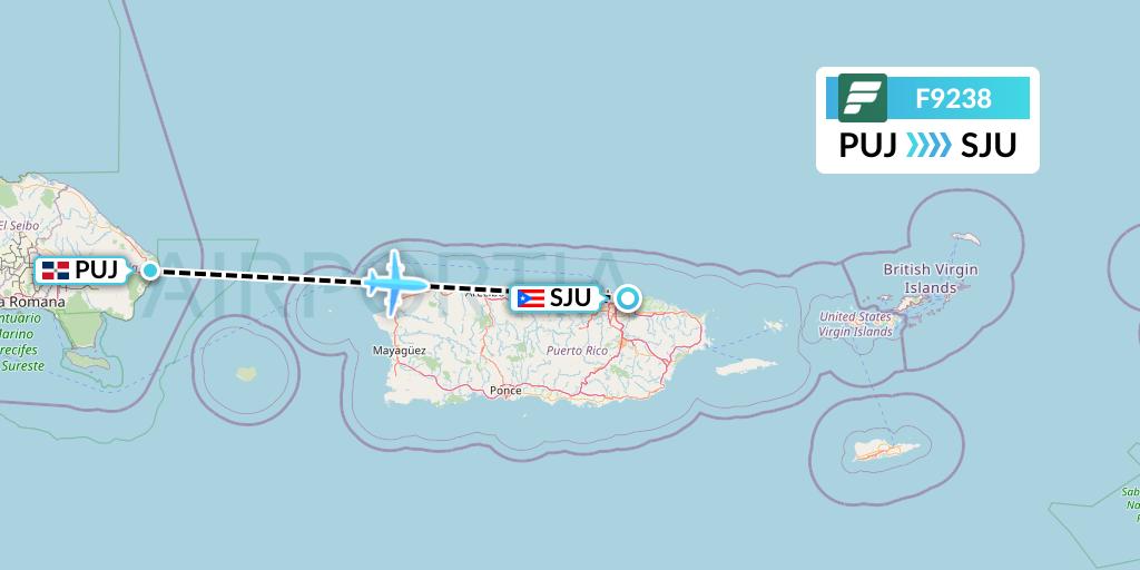 F9238 Frontier Airlines Flight Map: Punta Cana to San Juan