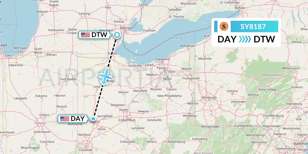 SY8187 Sun Country Airlines Flight Map: Dayton to Detroit