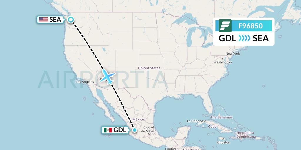 F96850 Frontier Airlines Flight Map: Guadalajara to Seattle