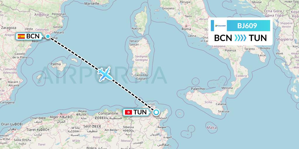 BJ609 Nouvelair Tunisie Flight Map: Barcelona to Tunis