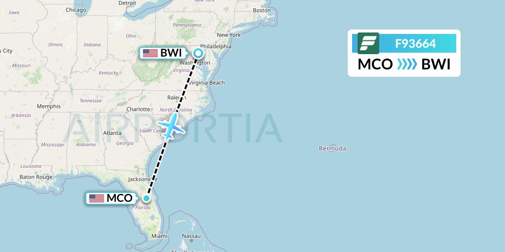 F93664 Frontier Airlines Flight Map: Orlando to Baltimore