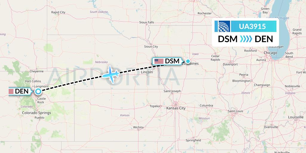 UA3915 United Airlines Flight Map: Des Moines to Denver