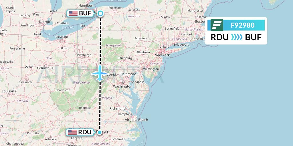 F92980 Frontier Airlines Flight Map: Raleigh-Durham to Buffalo