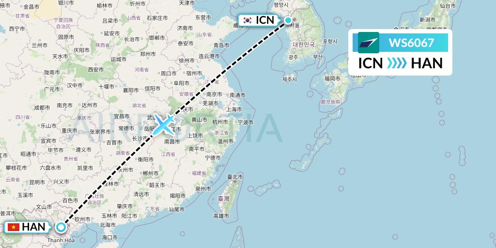 WS6067 WestJet Flight Map: Seoul to Hanoi