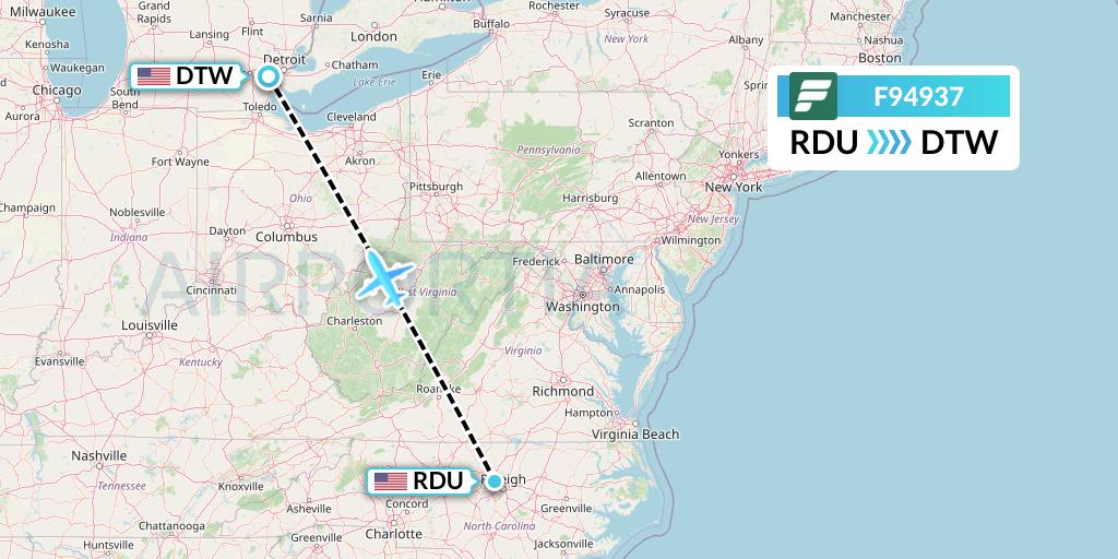 F94937 Frontier Airlines Flight Map: Raleigh-Durham to Detroit