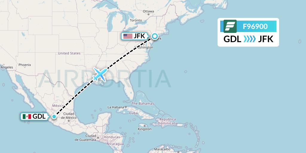 F96900 Frontier Airlines Flight Map: Guadalajara to New York