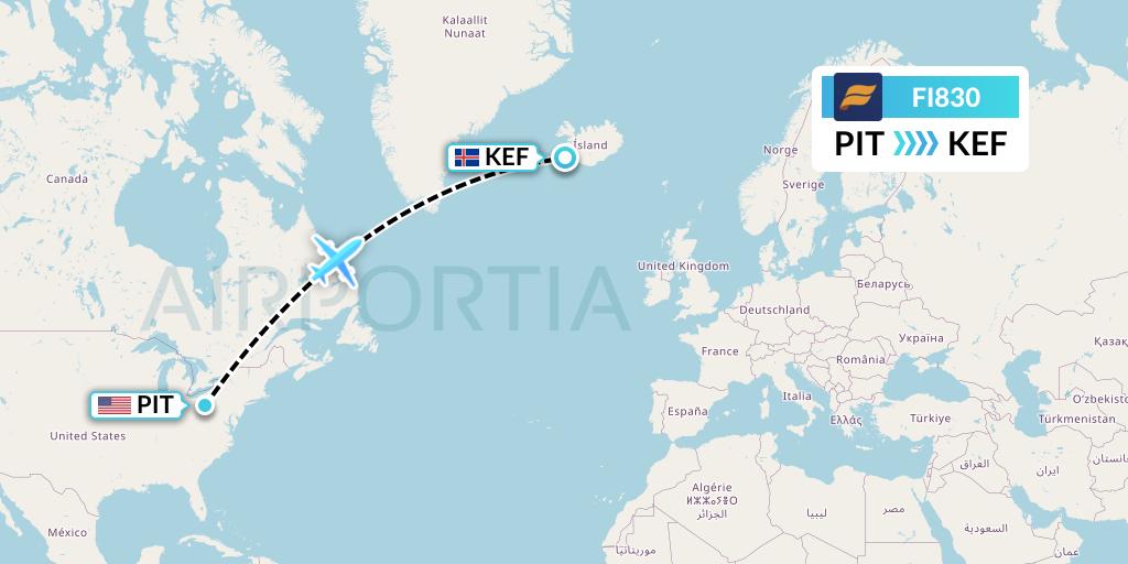 FI830 Icelandair Flight Map: Pittsburgh to Reykjavik