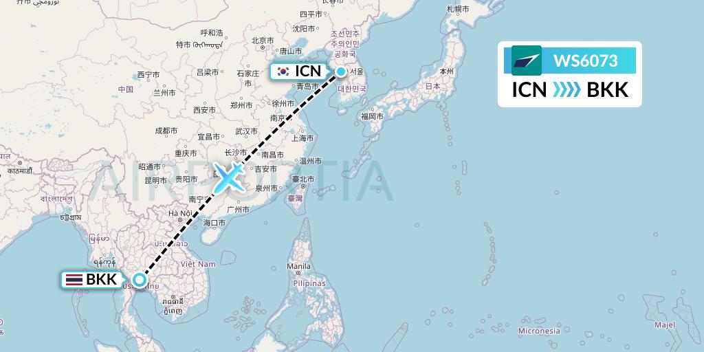 WS6073 WestJet Flight Map: Seoul to Bangkok