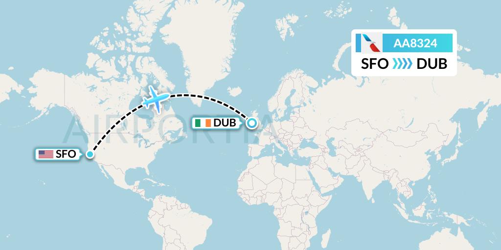 AA8324 American Airlines Flight Map: San Francisco to Dublin