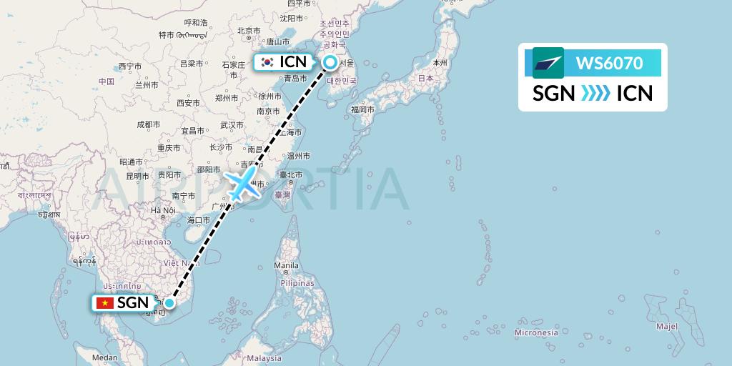 WS6070 WestJet Flight Map: Ho Chi Minh City to Seoul