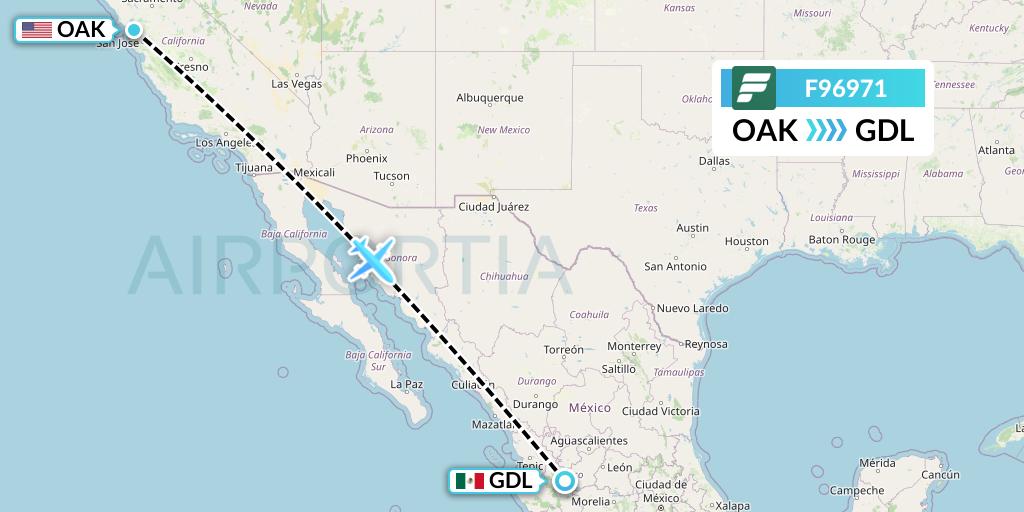F96971 Frontier Airlines Flight Map: Oakland to Guadalajara