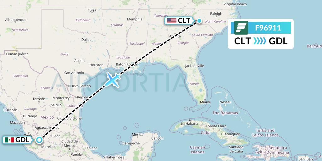 F96911 Frontier Airlines Flight Map: Charlotte to Guadalajara