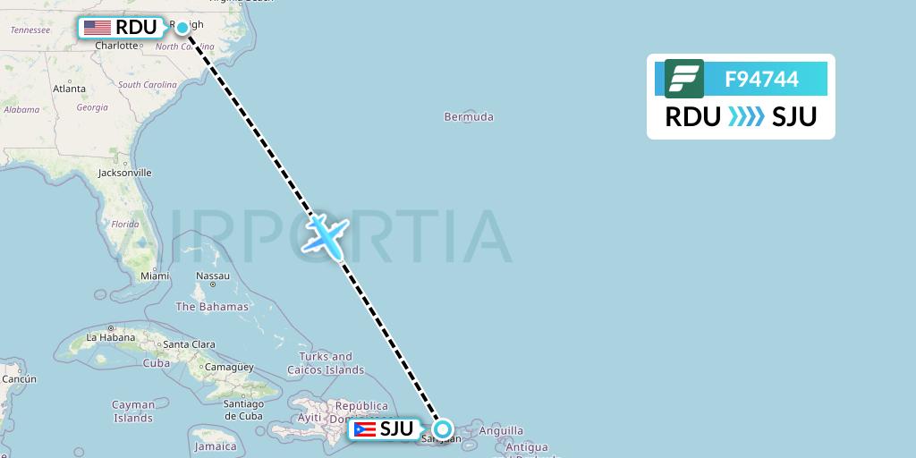 F94744 Frontier Airlines Flight Map: Raleigh-Durham to San Juan