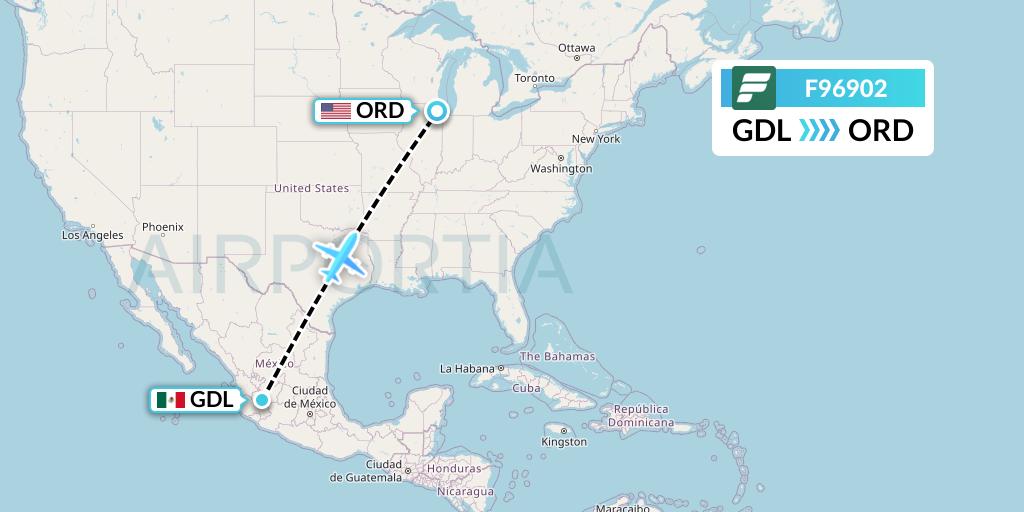F96902 Frontier Airlines Flight Map: Guadalajara to Chicago