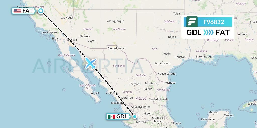 F96832 Frontier Airlines Flight Map: Guadalajara to Fresno