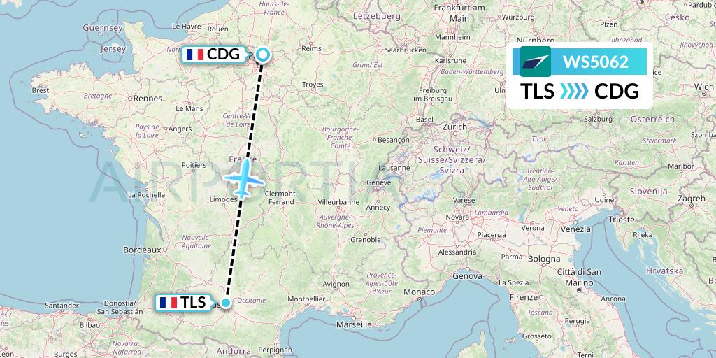 WS5062 WestJet Flight Map: Toulouse to Paris
