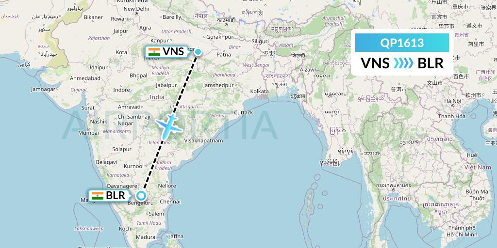 QP1613 Akasa Air Flight Map: Varanasi to Bangalore