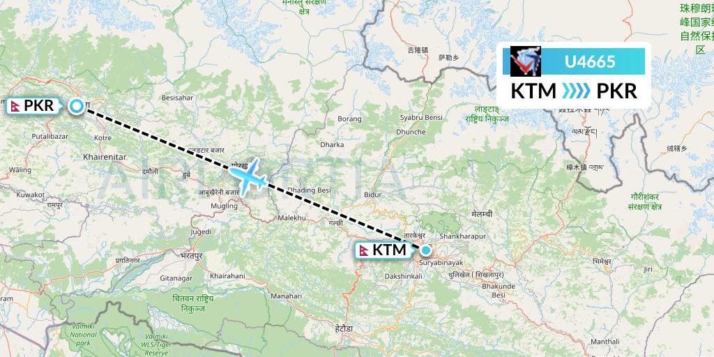 U4665 Buddha Air Flight Map: Kathmandu to Pokhara