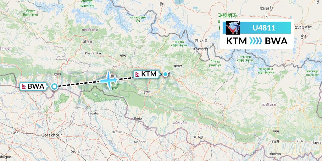 U4811 Buddha Air Flight Map: Kathmandu to Bhairawa