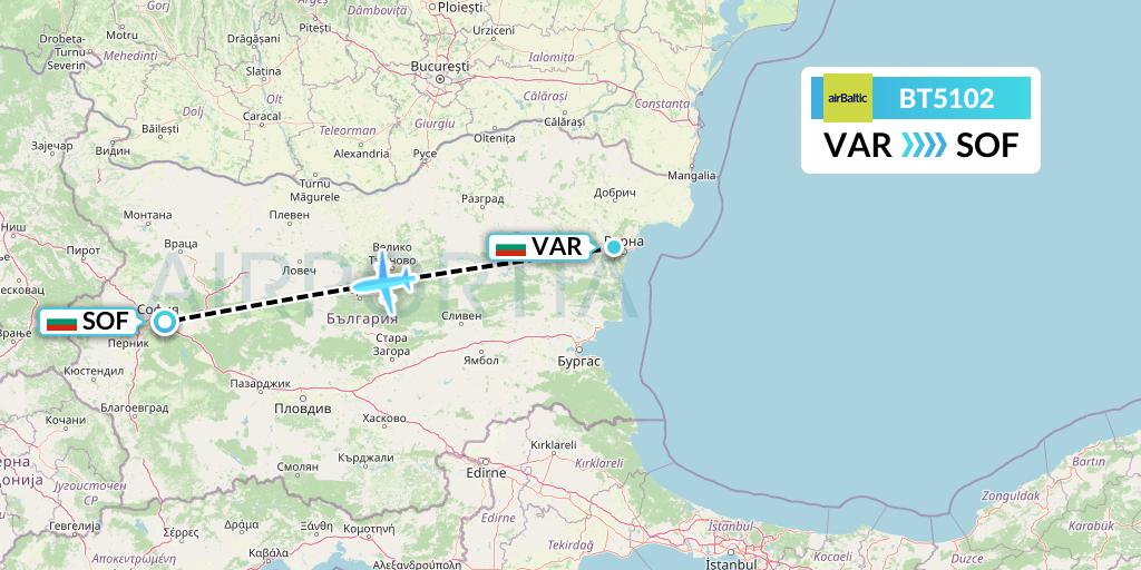 BT5102 Air Baltic Flight Map: Varna to Sofia
