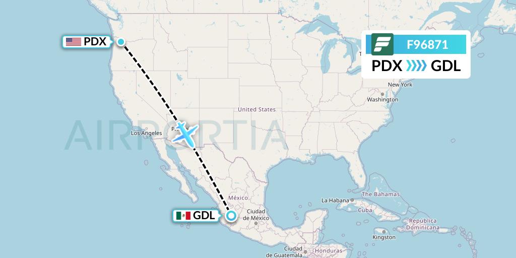 F96871 Frontier Airlines Flight Map: Portland to Guadalajara