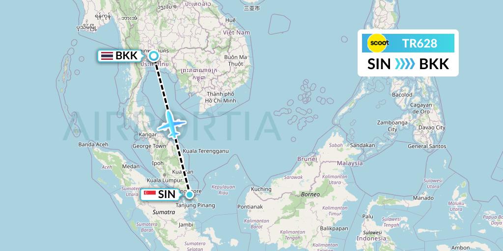 TR628 Tigerair Flight Map: Singapore to Bangkok