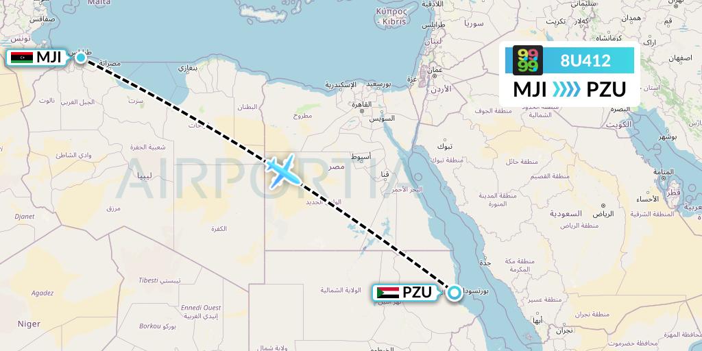 8U412 Afriqiyah Airways Flight Map: Tripoli to Port Sudan
