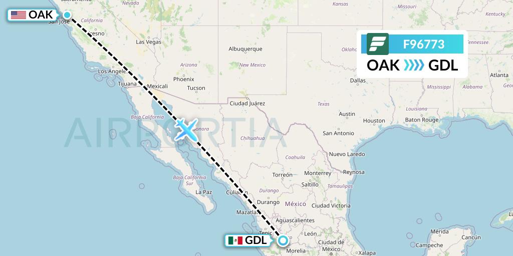 F96773 Frontier Airlines Flight Map: Oakland to Guadalajara