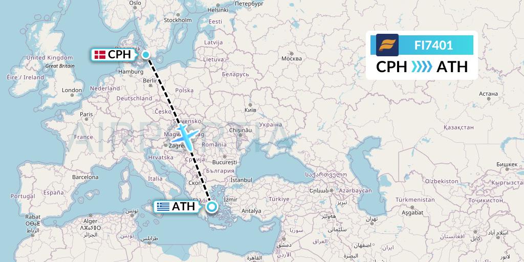 FI7401 Icelandair Flight Map: Copenhagen to Athens