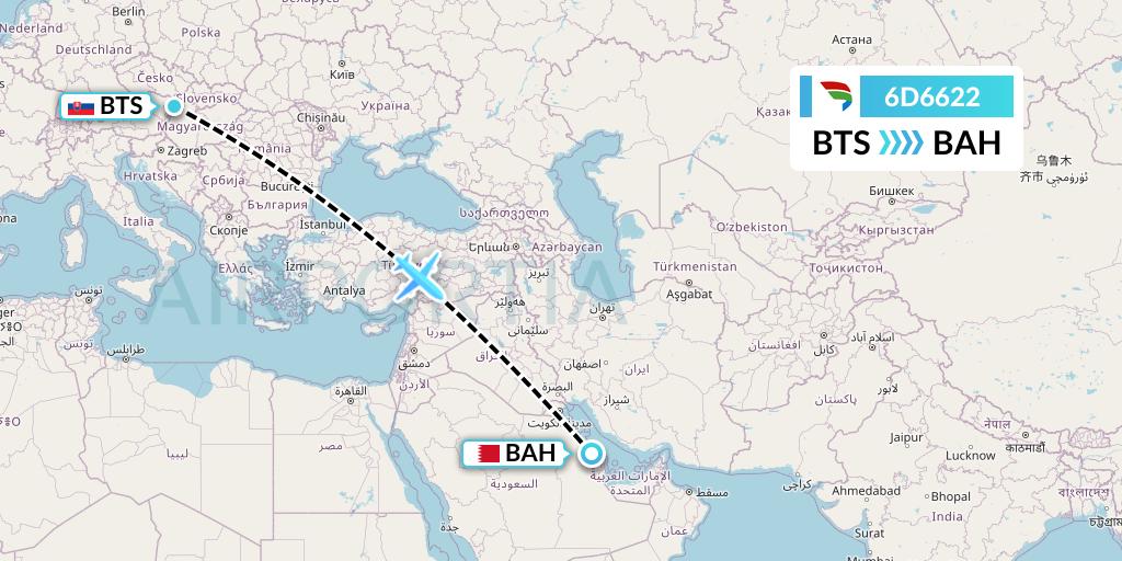 6D6622 Travel Service Slovakia Flight Map: Bratislava to Bahrain