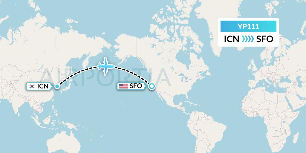 YP111 Air Premia Flight Map: Seoul to San Francisco