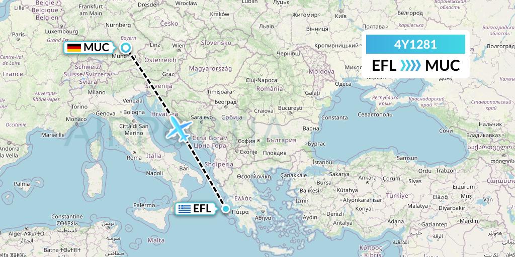 4Y1281 Eurowings Discover Flight Map: Kefalonia to Munich