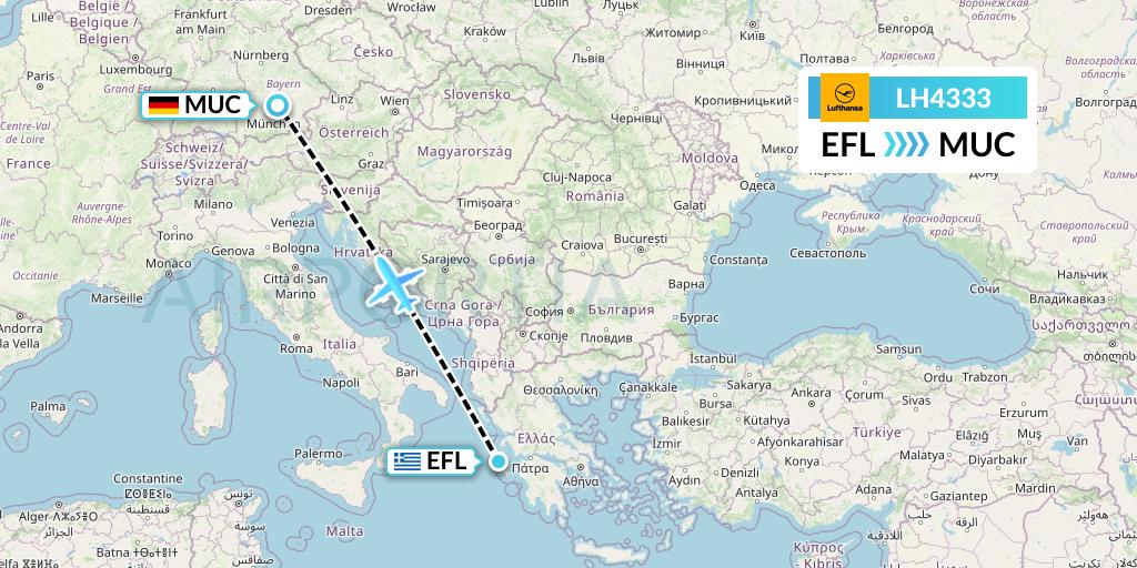 LH4333 Lufthansa Flight Map: Kefalonia to Munich