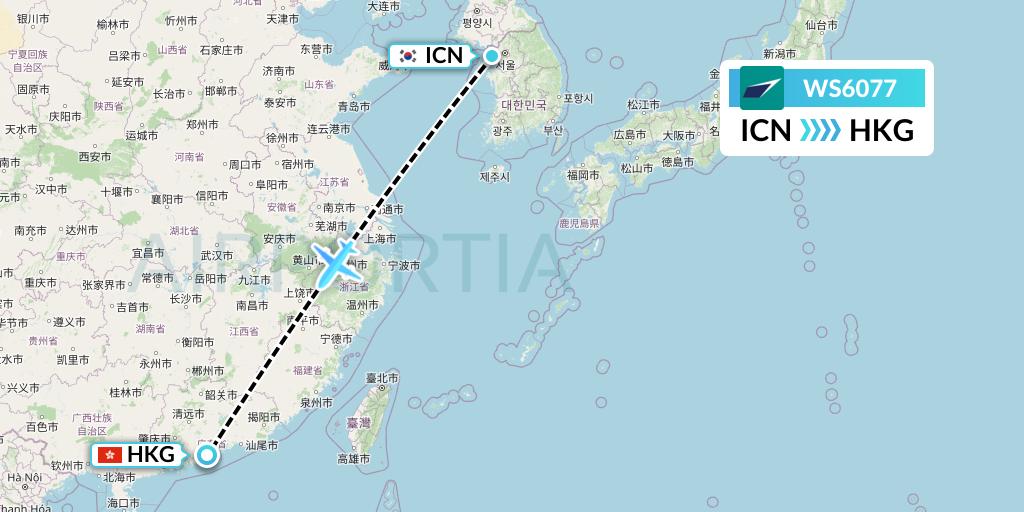WS6077 WestJet Flight Map: Seoul to Hong Kong