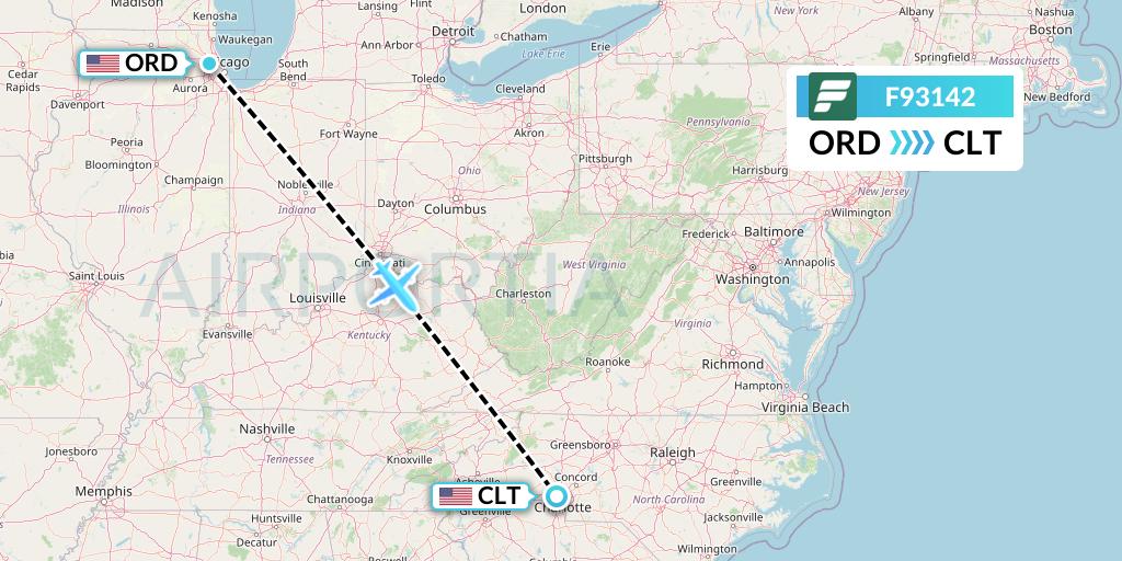 F93142 Frontier Airlines Flight Map: Chicago to Charlotte
