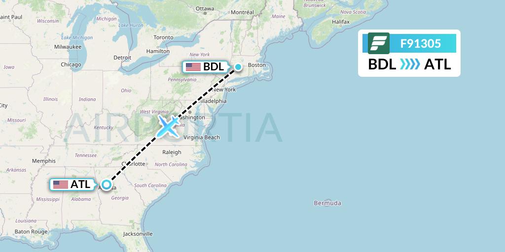 F91305 Frontier Airlines Flight Map: Windsor Locks to Atlanta