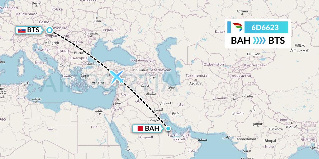 6D6623 Travel Service Slovakia Flight Map: Bahrain to Bratislava