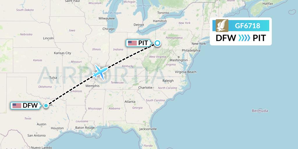 GF6718 Gulf Air Flight Map: Dallas to Pittsburgh