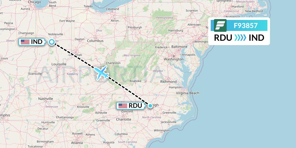 F93857 Frontier Airlines Flight Map: Raleigh-Durham to Indianapolis